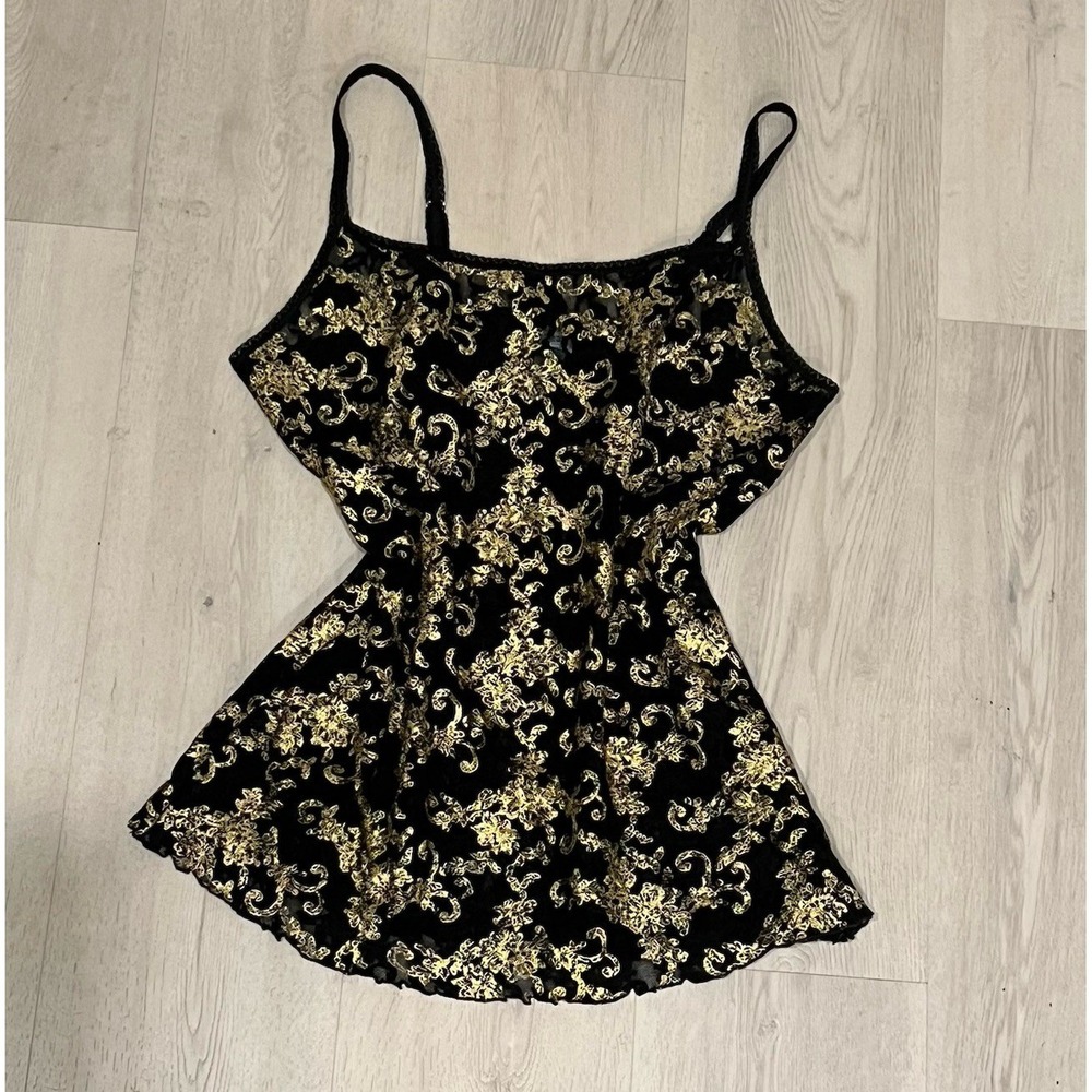 Y2K Womens Black Gold Floral Metallic Lace Baroque Tank Cami L  Whimsy Fairy